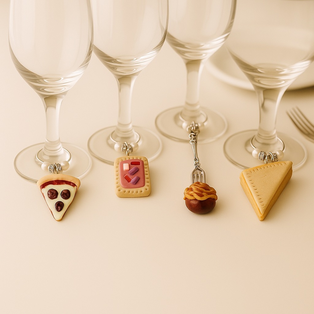Food Lover Wine Glass Charms Set of 4 – Handmade Clay Pizza/Pop-Tart/Spaghetti